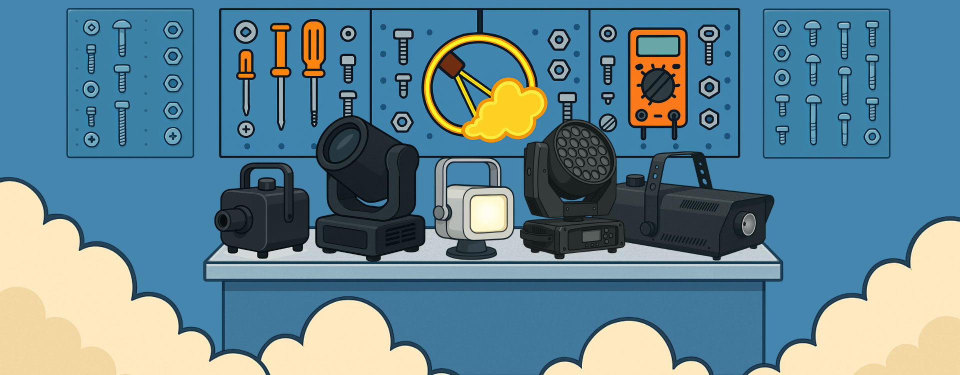 Illustration of lighting and atmospherics equipment on workbench with tools