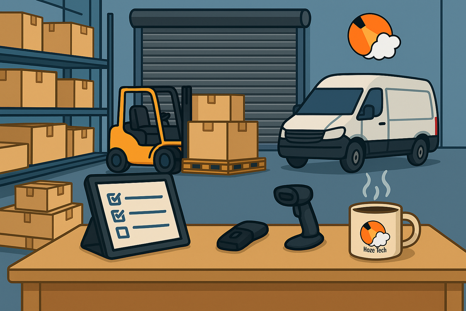 Illustration of warehouse scene with van, boxes, packing checklist and Haze Tech logo mug of hot coffee