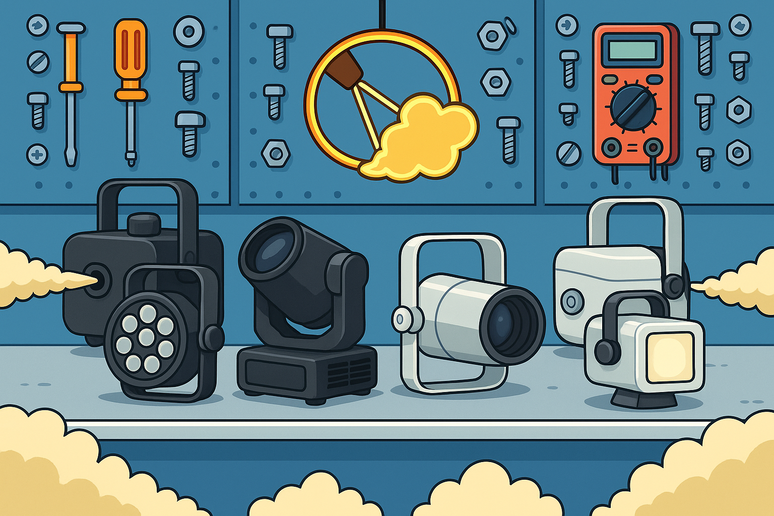 Illustration of atmospherics and stage lighting equipment on a table with tools and repair equipment in the background.