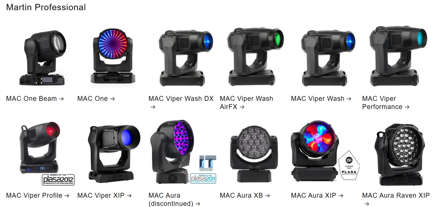 Various Martin Professional lighting fixtures displayed with labels on a white background.
